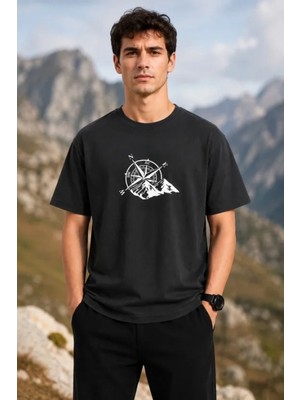 Marsilyan- Erkek Outdoor Pusula Dağ Baskılı Kısa Kollu Oversize T-Shirt - Siyah