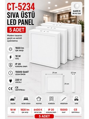 Yenilig 5 Adet CT-5234 Sıva Üstü Kare LED Panel 18W 6400K Beyaz Işık Beyaz Kasa – 21X21 cm 1820 Lümen
