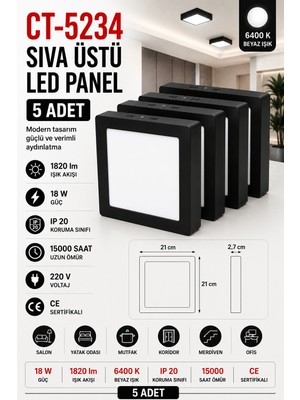 Yenilig 5 Adet CT-5234 Sıva Üstü Kare LED Panel 18W 6400K Beyaz Işık Siyah Kasa – 21X21 cm 1820 Lümen