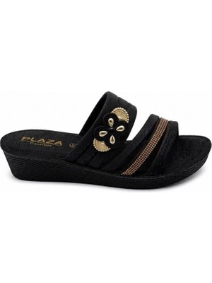 Plaza Comfort Kadın Tokalı Siyah Dolgu Topuk Günlük Terlik