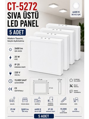 Yenilig 5 Adet CT-5272 Sıva Üstü Kare LED Panel 25W 6400K Beyaz Işık Beyaz Kasa – 21X21 cm 2600 Lümen