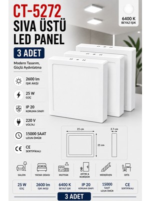 Yenilig 3 Adet CT-5272 Sıva Üstü Kare LED Panel 25W 6400K Beyaz Işık Beyaz Kasa – 21X21 cm 2600 Lümen