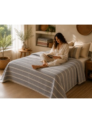 Buldan Natura 8 Kat Müslin Yorgan 240×260 cm – %100 Pamuk, Saçaklı Çift Kişilik Yatak Örtüsü