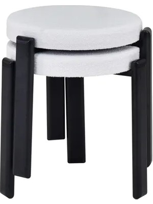 Vivense Teras Siyah Metal Ayak Teddy Kumaş Istiflenebilir Tabure, 2 Adet, Beyaz