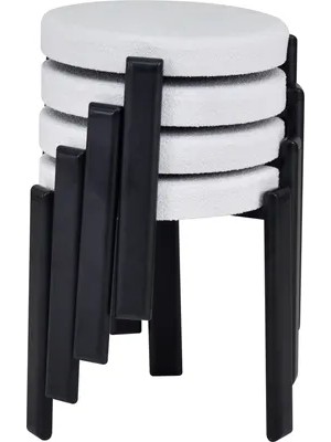 Vivense Teras Siyah Metal Ayak Teddy Kumaş Istiflenebilir Tabure, 4 Adet, Beyaz