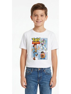 Vaxy Style Toy Story Oyuncak Hikayesi Woody Buzz Lightyear Patates Kafa Baskılı Çocuk Tişört Pamuklu Likralı Bisiklet Yaka Kısa Kollu Beyaz T-Shirt