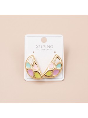 Xuping Jewelry Vıp Seri 316L Çelik Gold Renk Pastel Renkli Mozaik Yarım Ay Dilim Küpe 2,5 cm