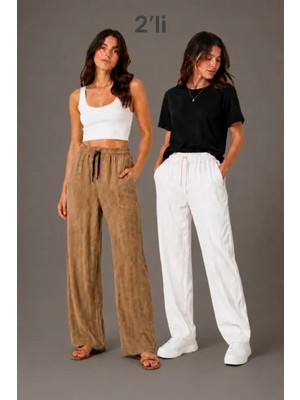 Marsilyan- 2li Bürümcük Kumaş Beli Lastikli Bağcıklı Bol Paça Pantolon - Beyaz/vizon