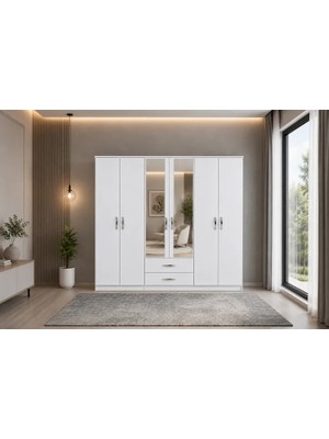 Vivense Sezar Aynalı Gardırop, Beyaz, 6 Kapaklı