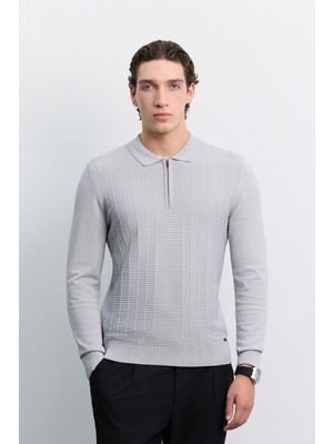 AVVA Erkek Gri Polo Yaka Fermuarlı Rayon Karışımlı Regular Fit Kazak A62Y5022