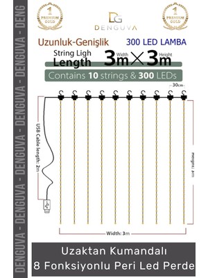 #led 8 Fonksiyonlu Günışığı Kumandalı Dekoratif Aydınlatma Şık Perde Peri LED (3 mt x 3 Mt) - 1 Adet
