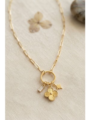 Teknodayım Gold Renk Ataç Zincir Yonca Model Kadın Kolye