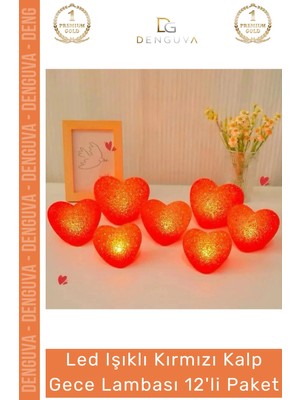 #ledışık Kırmızı Kalp Formlu LED Pilli Romantik Dekoratif Aydınlatma Gece Lambası 12'li Paket