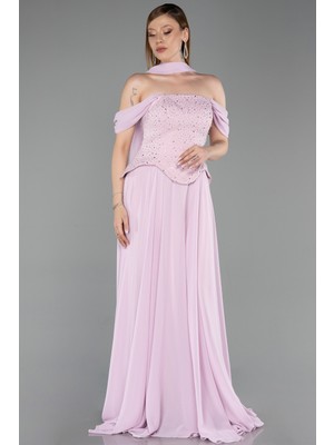 Abiyefon Kayık Yaka Taşlı Peplum Kesim Uzun Şifon Abiye ABU6221