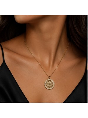 Luna Mandala Kadın Kolye – Gold Renk Taşlı Yuvarlak Uçlu Zarif Kolye 40-45 CM-316L Paslanmaz Çelik