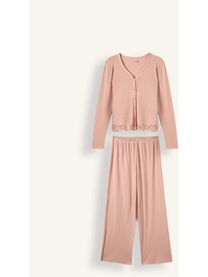 DeFacto %100 Pamuk Regular Fit V Yaka Fitilli Dantel Detaylı Pijama Takımı I4236AX26AU