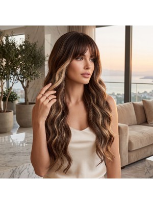 Uravas Store Daalı Uzun Perçemli Fiber Sen Peruk / Karamel Balyajlı Kestane Kahve