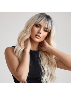 Uravas Store Daalı Uzun Perçemli Fiber Sen Peruk / Küllü Kumral Inci Sarı ve Beyaz Platin Ombre
