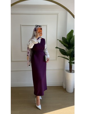 Nisa Nalbantoğlu Mor Krep Düz Kesim tesettür jile