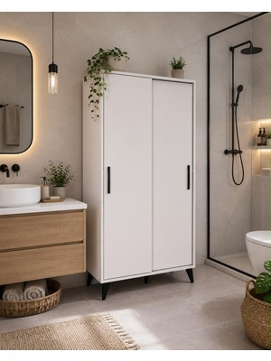 Afilli Lisa Sürgülü Çok Amaçlı Kiler Dolabı Beyaz MDF 6 Raflı 180 cm Yükseklik 116 cm Genişlik