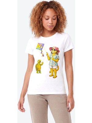 Piero Perla Jaguar Baskı Detaylı Bisiklet Yaka Slim Fit Kadın Beyaz T-Shirt