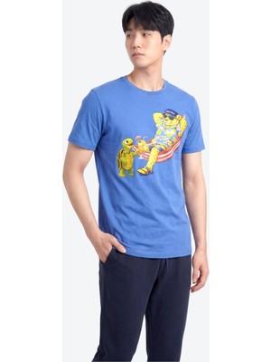 Piero Perla Jaguar Baskı Detaylı Bisiklet Yaka Regular Fit Erkek Mavi T-Shirt