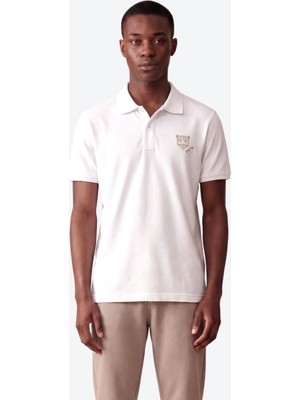Piero Perla Kontür Jaguar Nakış Detaylı Slim Fit Erkek Polo Yaka Beyaz T-Shirt