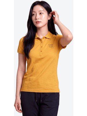 Piero Perla Kontür Jaguar Nakış Detaylı Slim Fit Kadın Hardal Polo Yaka T-Shirt