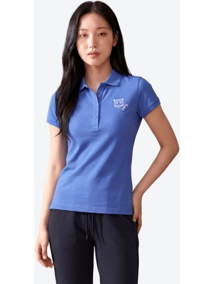 Piero Perla Kontür Jaguar Nakış Detaylı Slim Fit Kadın Mavi Polo Yaka T-Shirt