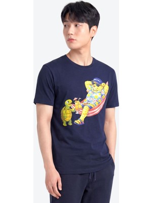Piero Perla Jaguar Baskı Detaylı Bisiklet Yaka Regular Fit Erkek Lacivert T-Shirt