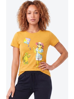 Piero Perla Jaguar Baskı Detaylı Bisiklet Yaka Slim Fit Kadın Hardal T-Shirt
