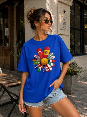 Enb1r Moda Unisex Baskılı Yarım Oversize Tişört Türkiye Dünya Bayrakları Renkli Grafik Desenli Bisiklet Yaka Kısa Kollu Günlük T-Shirt