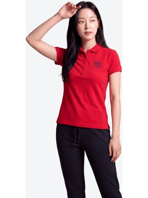 Piero Perla Kontür Jaguar Nakış Detaylı Slim Fit Kadın Kırmızı Polo Yaka T-Shirt