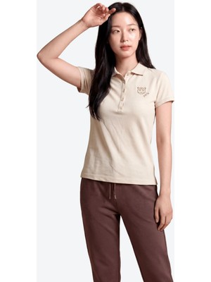 Piero Perla Kontür Jaguar Nakış Detaylı Slim Fit Kadın Sütlü Kahve Polo Yaka T-Shirt