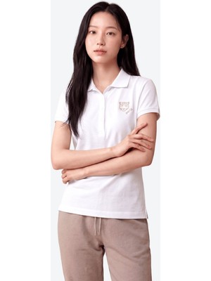 Piero Perla Kontür Jaguar Nakış Detaylı Slim Fit Kadın Beyaz Polo Yaka T-Shirt