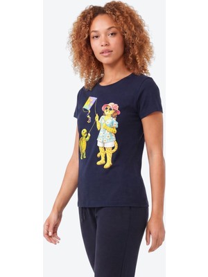 Piero Perla Jaguar Baskı Detaylı Bisiklet Yaka Slim Fit Kadın Lacivert T-Shirt