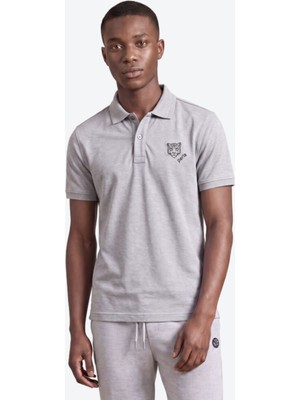 Piero Perla Kontür Jaguar Nakış Detaylı Slim Fit Erkek Polo Yaka Gri Melanj T-Shirt