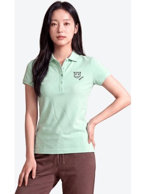 Piero Perla Kontür Jaguar Nakış Detaylı Slim Fit Kadın Açık Yeşil Polo Yaka T-Shirt