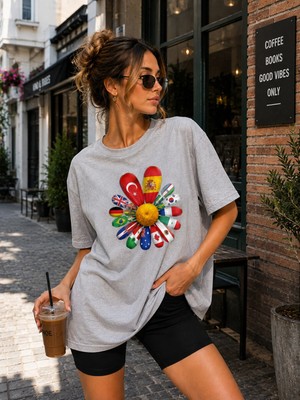 Enb1r Moda Unisex Baskılı Yarım Oversize Tişört Türkiye Dünya Bayrakları Renkli Grafik Desenli Bisiklet Yaka Kısa Kollu Günlük T-Shirt