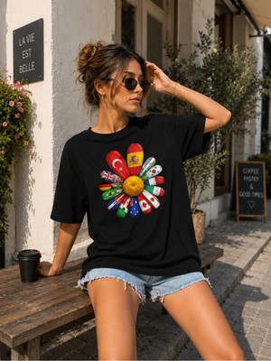 Enb1r Moda Unisex Baskılı Yarım Oversize Tişört Türkiye Dünya Bayrakları Renkli Grafik Desenli Bisiklet Yaka Kısa Kollu Günlük T-Shirt