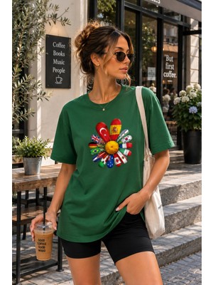 Enb1r Moda Unisex Baskılı Yarım Oversize Tişört Türkiye Dünya Bayrakları Renkli Grafik Desenli Bisiklet Yaka Kısa Kollu Günlük T-Shirt