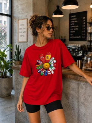 Enb1r Moda Unisex Baskılı Yarım Oversize Tişört Türkiye Dünya Bayrakları Renkli Grafik Desenli Bisiklet Yaka Kısa Kollu Günlük T-Shirt