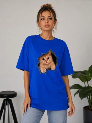 Enb1r Moda Sevimli Kedi Baskılı 3D Yırtık Efekt Yarım Oversize Bisiklet Yaka Unisex Tişört – Cute Cat Grafik Baskılı Günlük Tişört