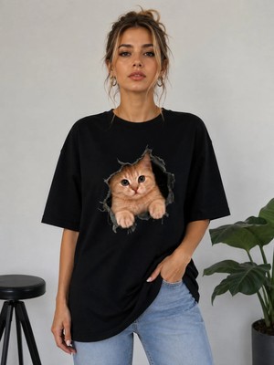 Enb1r Moda Sevimli Kedi Baskılı 3D Yırtık Efekt Yarım Oversize Bisiklet Yaka Unisex Tişört – Cute Cat Grafik Baskılı Günlük Tişört