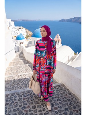 Armine Trend Doğal Kumaş Desenli Renkli Günlük Rahat Kalıp Elbise Pembe 24YT952