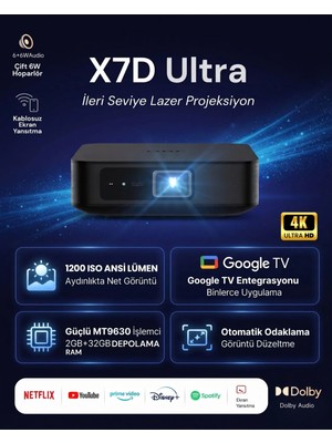 OBE X7D Ultra Google TV Destekli 4K 1200 ISO Otomatik Odaklı Akıllı Lazer Projeksiyon Cihazı