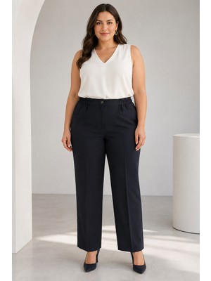 Bihan Store Kadın Büyük Beden Beli Lastikli Portoriko Kumaş Pantolon 721-723-SIYAH