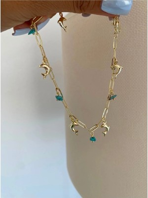 Bade Jewelry Fd Vip Gold Sarkıt Mavi Doğal Taş&yunus Balığı Detaylı Kararmaz Çelik Şık Halhal