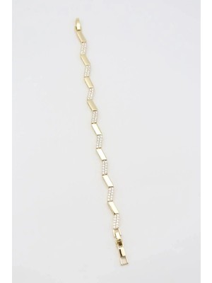 Bade Jewelry Vip Gold Zigzag Tasarım Taş Detaylı Luxury Kararmaz Çelik Şık Bileklik 17+2 cm