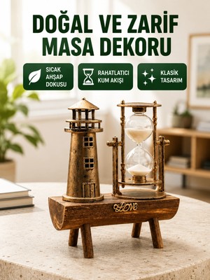 Uravas Store Ahşap Gövdeli Deniz Feneri Formlu Kum Saati – 15X20 cm Masa Dekoru Yeni Nesil